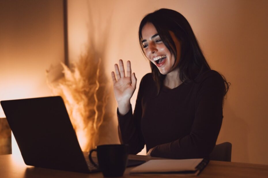 Female global HR having a virtual meeting at night
