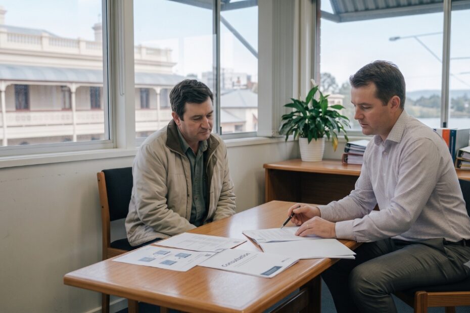 A manager standing over a seated, uncomfortable employee in an Australian office, illustrating where tough management can cross into workplace bullying.