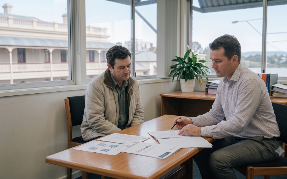 A manager standing over a seated, uncomfortable employee in an Australian office, illustrating where tough management can cross into workplace bullying.
