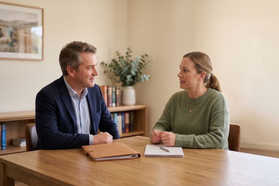 Family lawyer consulting calmly with a client, illustrating the value of getting family law advice early