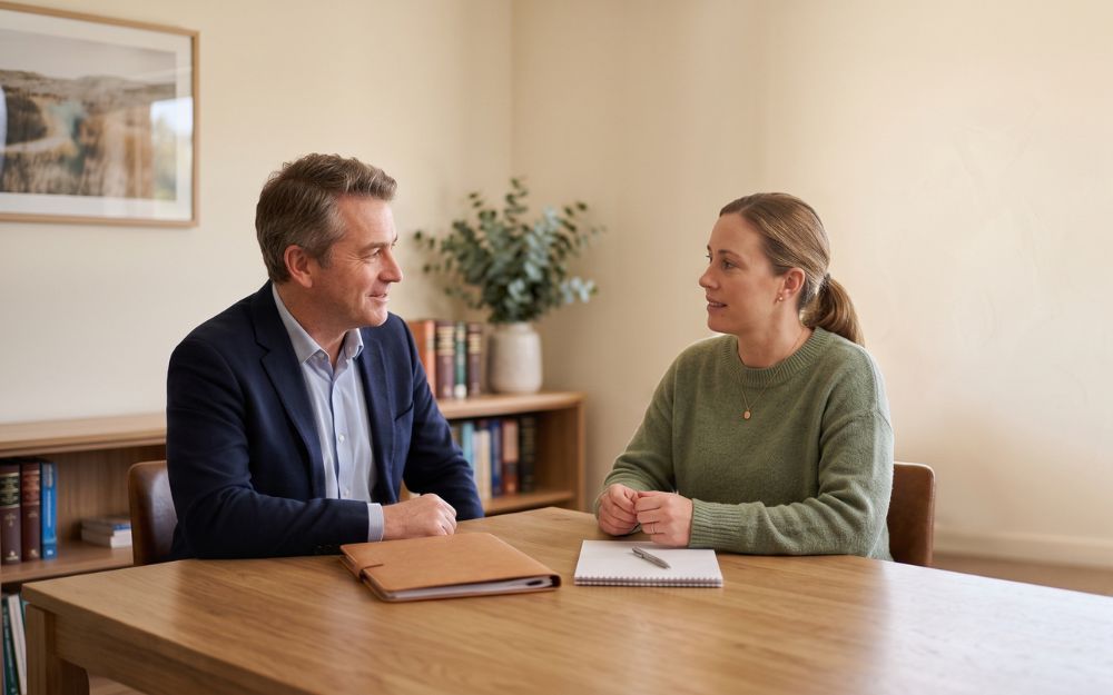Family lawyer consulting calmly with a client, illustrating the value of getting family law advice early