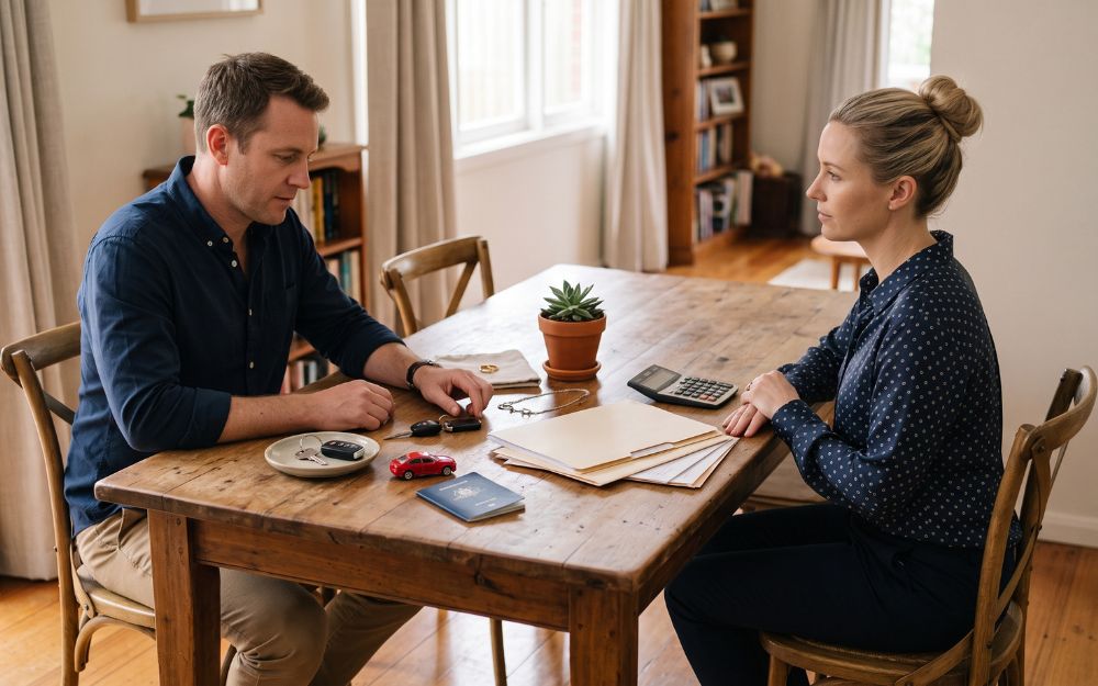 Separated couple reviewing a wide range of assets at the table, illustrating the full scope of a property settlement