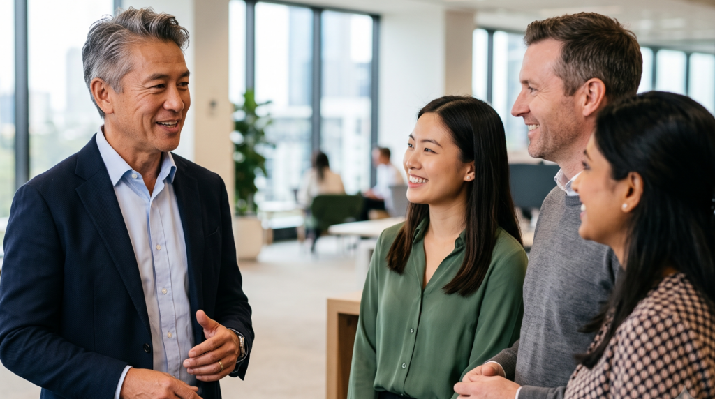 HR leader speaking confidently with colleagues in an office, illustrating commercial acumen in HR
