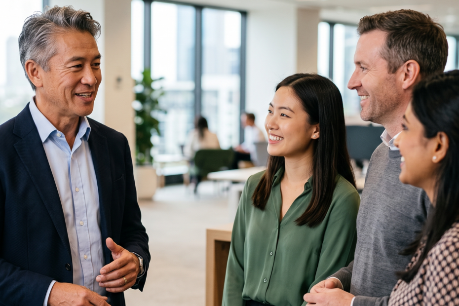 HR leader speaking confidently with colleagues in an office, illustrating commercial acumen in HR