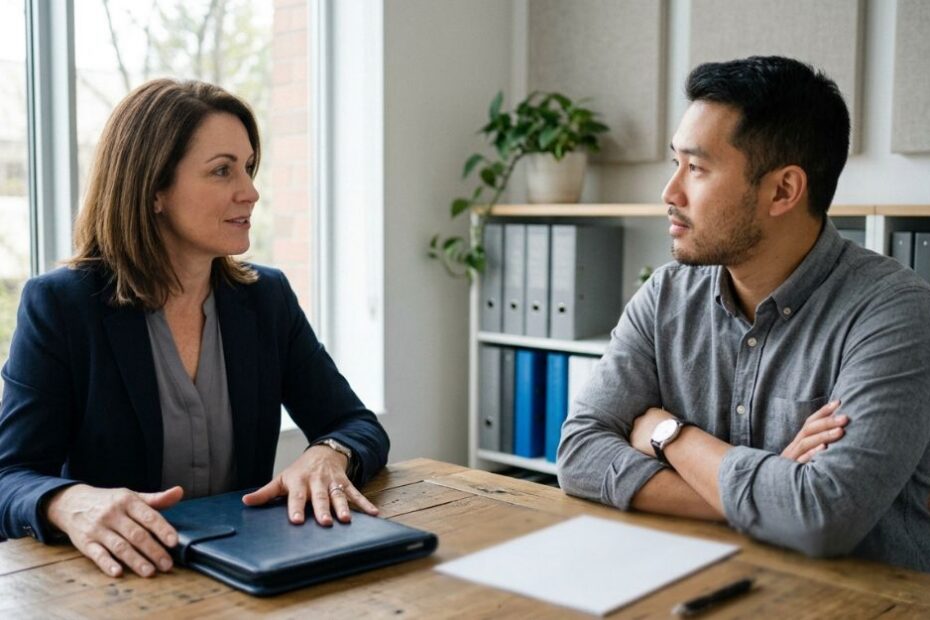 HR manager carefully speaking with an employee, illustrating the legal risks of dismissing an employee who complains