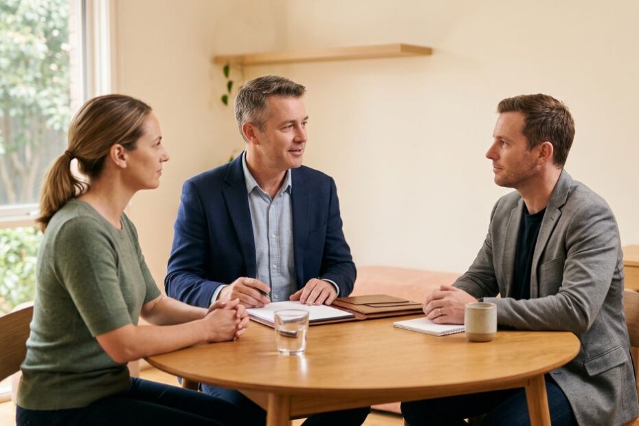 Mediator facilitating a discussion between a separated couple, illustrating how family law mediation resolves disputes