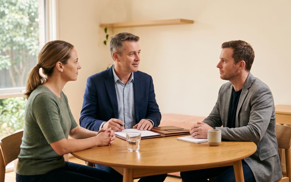 Mediator facilitating a discussion between a separated couple, illustrating how family law mediation resolves disputes