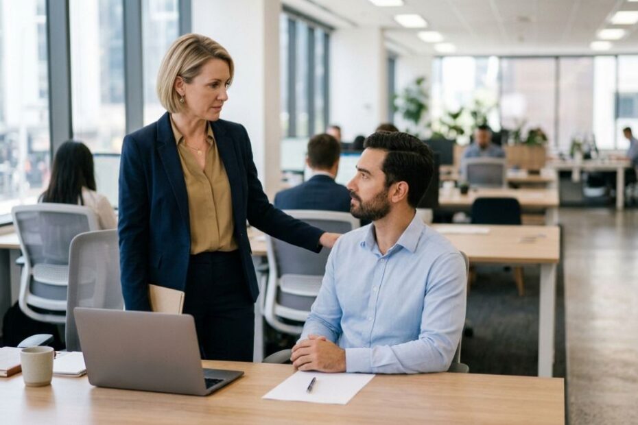 Manager having a firm but fair conversation with an employee in an open-plan office, illustrating the legal line between reasonable management action and workplace bullying