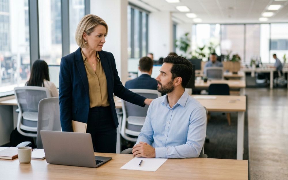 Manager having a firm but fair conversation with an employee in an open-plan office, illustrating the legal line between reasonable management action and workplace bullying