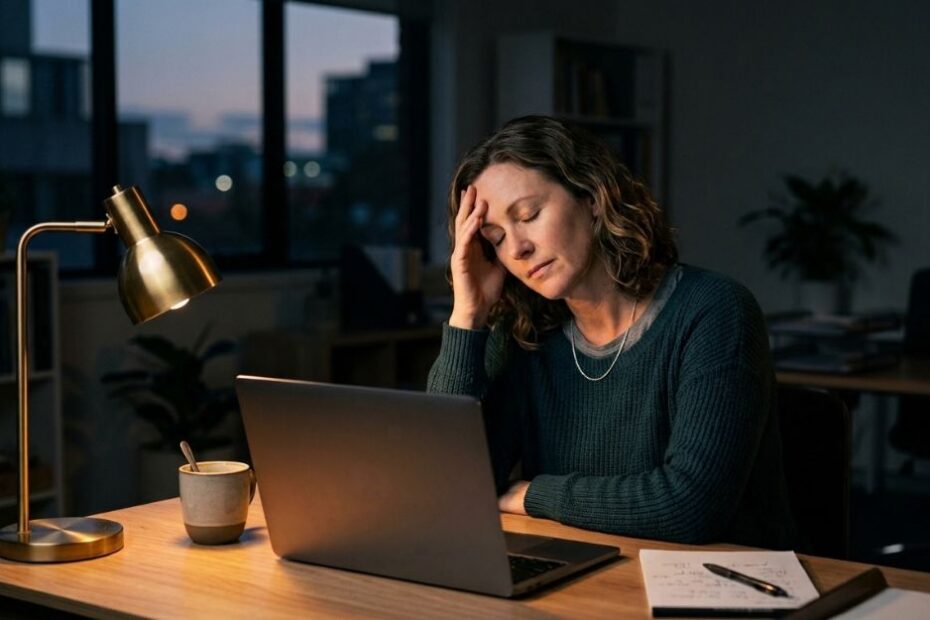 HR leader sitting quietly alone at her desk at the end of a long day, illustrating the human side of HR leadership