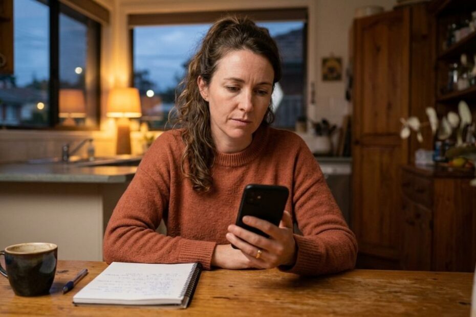 Woman looking uncertainly at her phone at home in the evening, illustrating the limits of using AI for family law advice